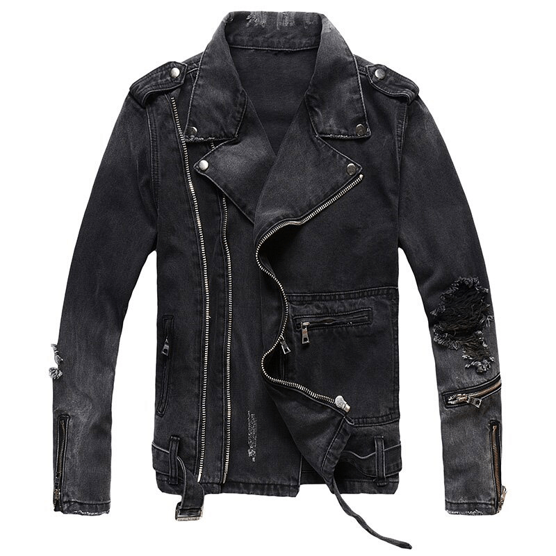 Men's zippers black biker jacket in classic Rock Style / Denim slim jacket with belt