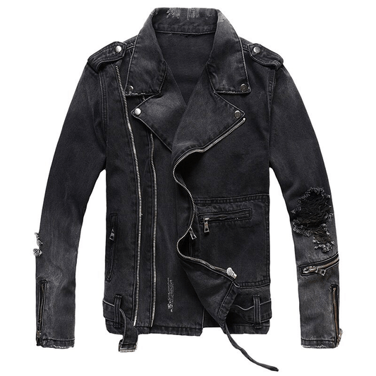 Men's zippers black biker jacket in classic Rock Style / Denim slim jacket with belt