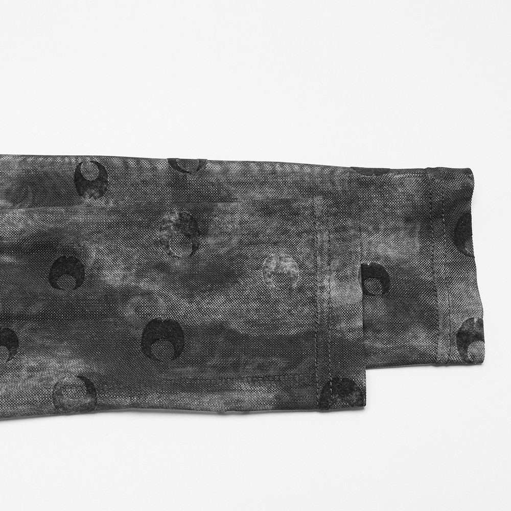 Mesh Crescent Print Long Sleeve Top with High Collar