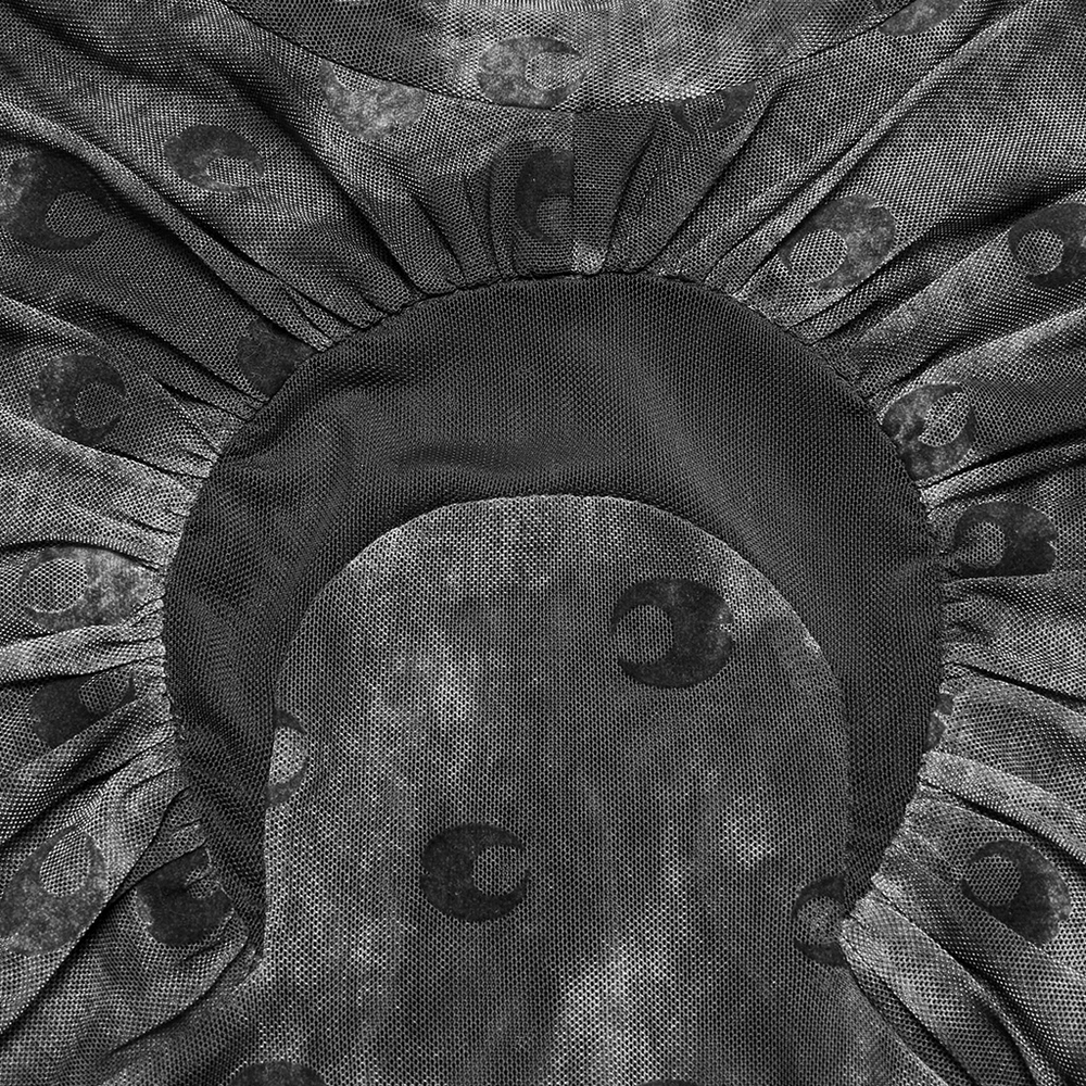 Mesh Crescent Print Long Sleeve Top with High Collar