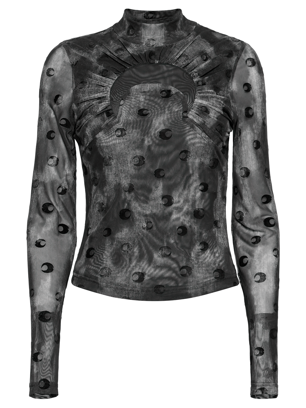 Mesh Crescent Print Long Sleeve Top with High Collar