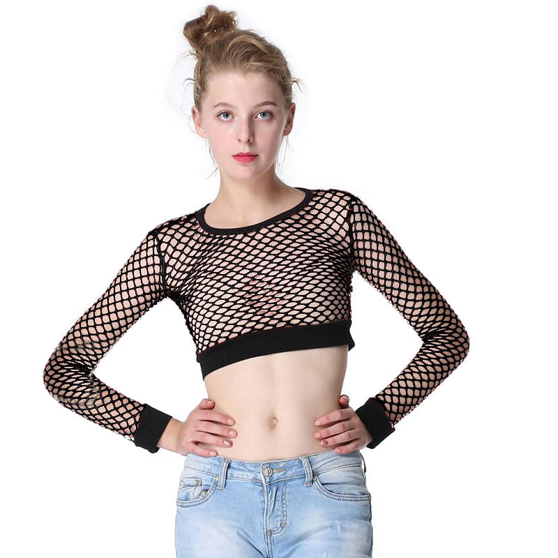 Mesh Fishnet Tops / Women's Hollow Out Net Long Sleeve Crop Top / See-Through Female Top