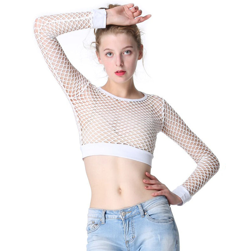 Mesh Fishnet Tops / Women's Hollow Out Net Long Sleeve Crop Top / See-Through Female Top