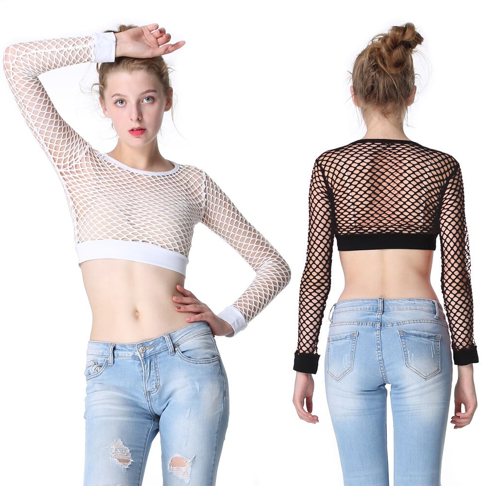 Mesh Fishnet Tops / Women's Hollow Out Net Long Sleeve Crop Top / See-Through Female Top