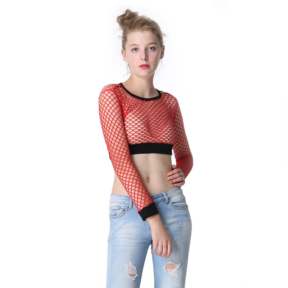 Mesh Fishnet Tops / Women's Hollow Out Net Long Sleeve Crop Top / See-Through Female Top