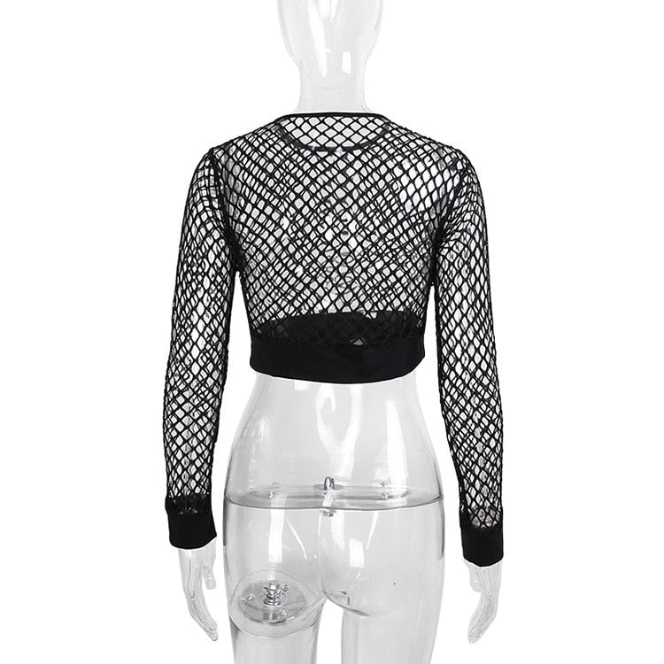 Mesh Fishnet Tops / Women's Hollow Out Net Long Sleeve Crop Top / See-Through Female Top