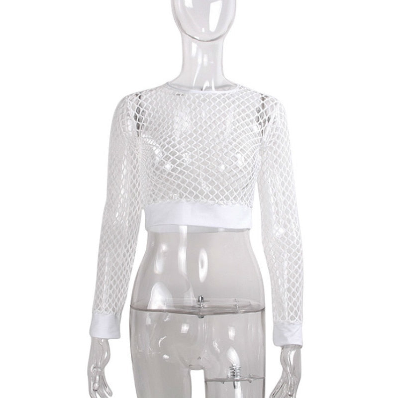 Mesh Fishnet Tops / Women's Hollow Out Net Long Sleeve Crop Top / See-Through Female Top