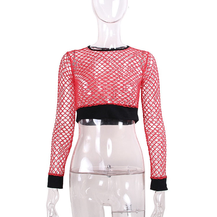 Mesh Fishnet Tops / Women's Hollow Out Net Long Sleeve Crop Top / See-Through Female Top