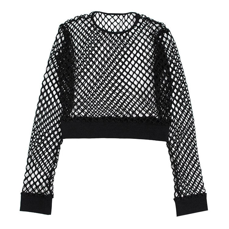 Mesh Fishnet Tops / Women's Hollow Out Net Long Sleeve Crop Top / See-Through Female Top
