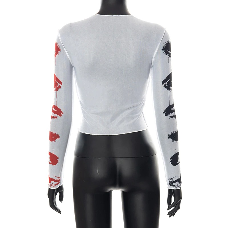 Mesh See Through Alternative Style Women's Top / Sexy Bodycon Crop Top with Long Sleeves