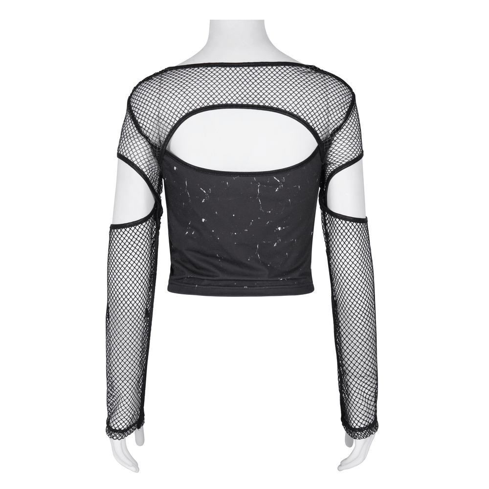 Mesh Long Sleeved Crop Top with Cutouts and Print