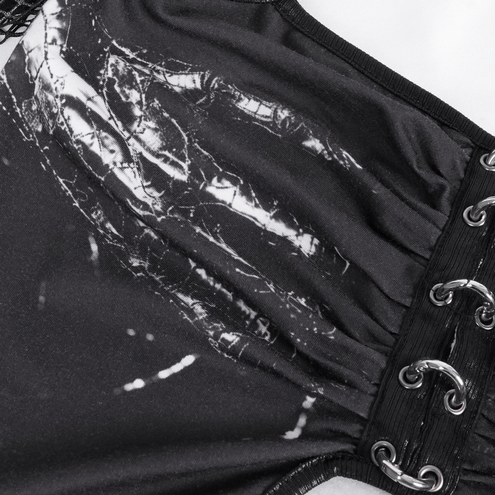 Mesh Long Sleeved Crop Top with Cutouts and Print