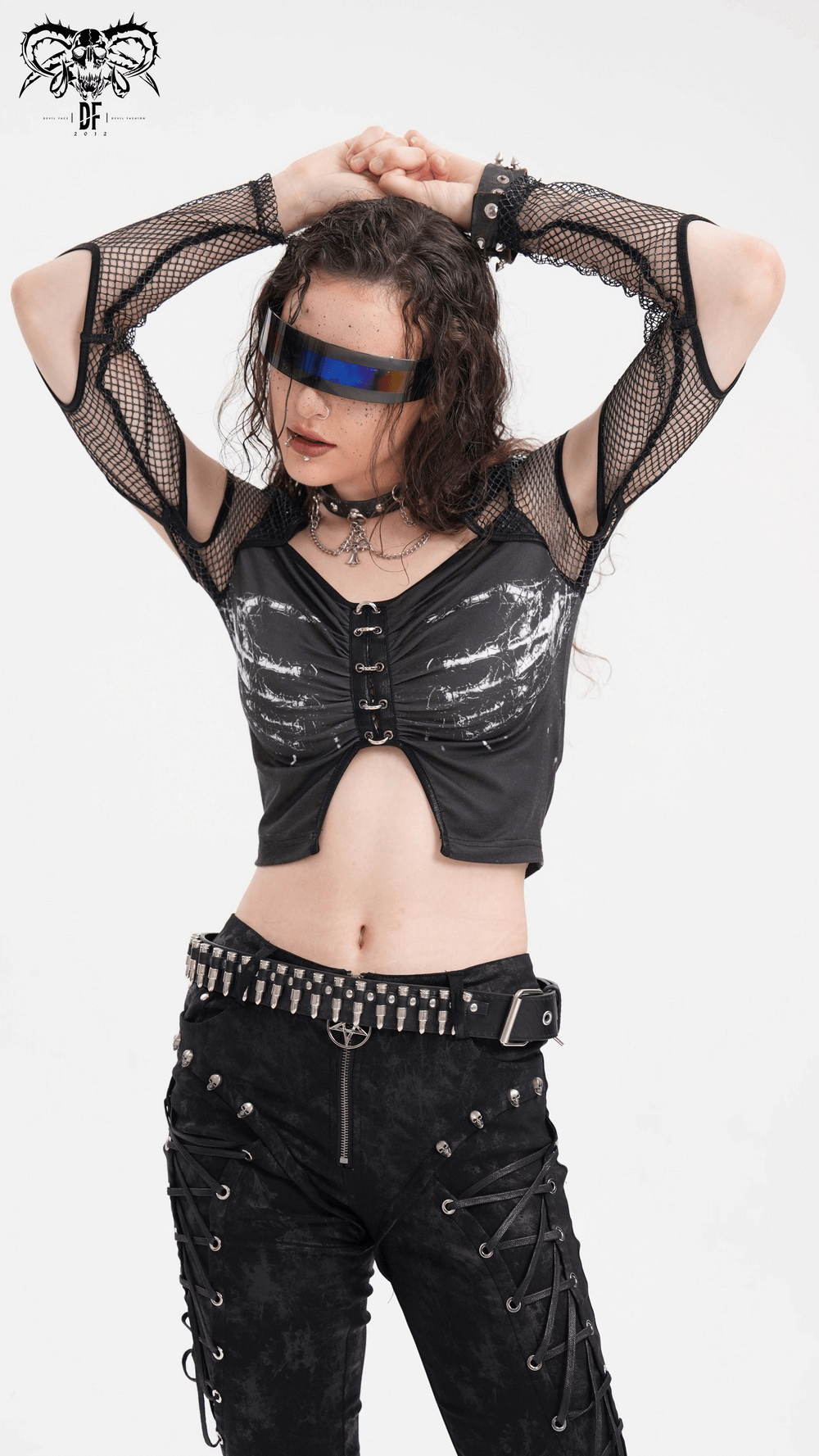 Mesh Long Sleeved Crop Top with Cutouts and Print