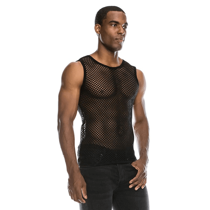 Mesh See-through Fishnet Tanks Tops for Men / Sexy Perspective Sleeveless Fitted Muscle Top