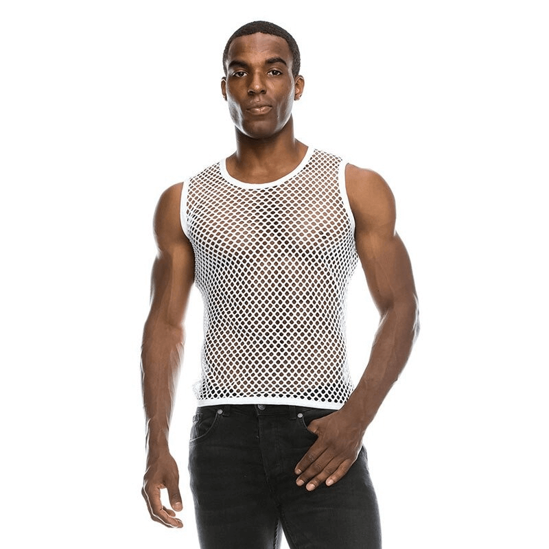Mesh See-through Fishnet Tanks Tops for Men / Sexy Perspective Sleeveless Fitted Muscle Top