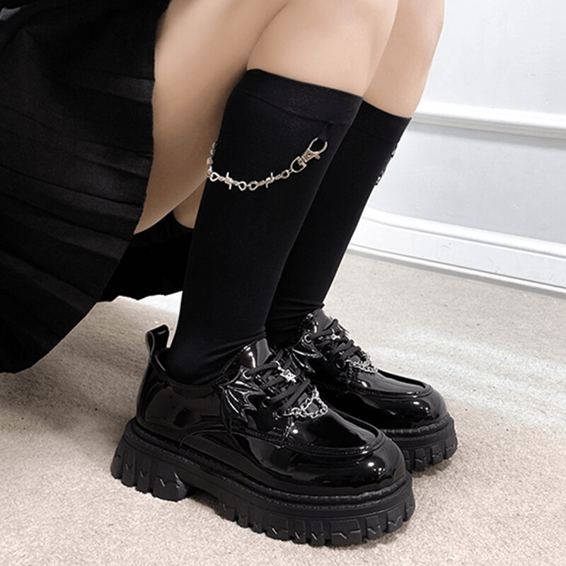 Metal Chain Bat Wings Chunky Platform Shoes / Round Toes Patent Leather Gothic Shoes