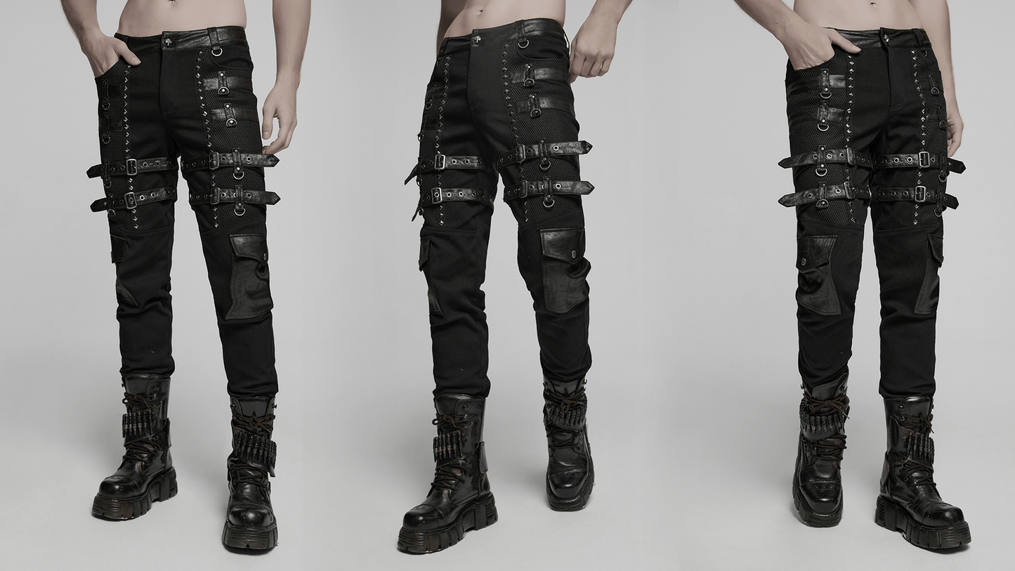Metal Punk Stretch Pants with Studded Straps and Buckles