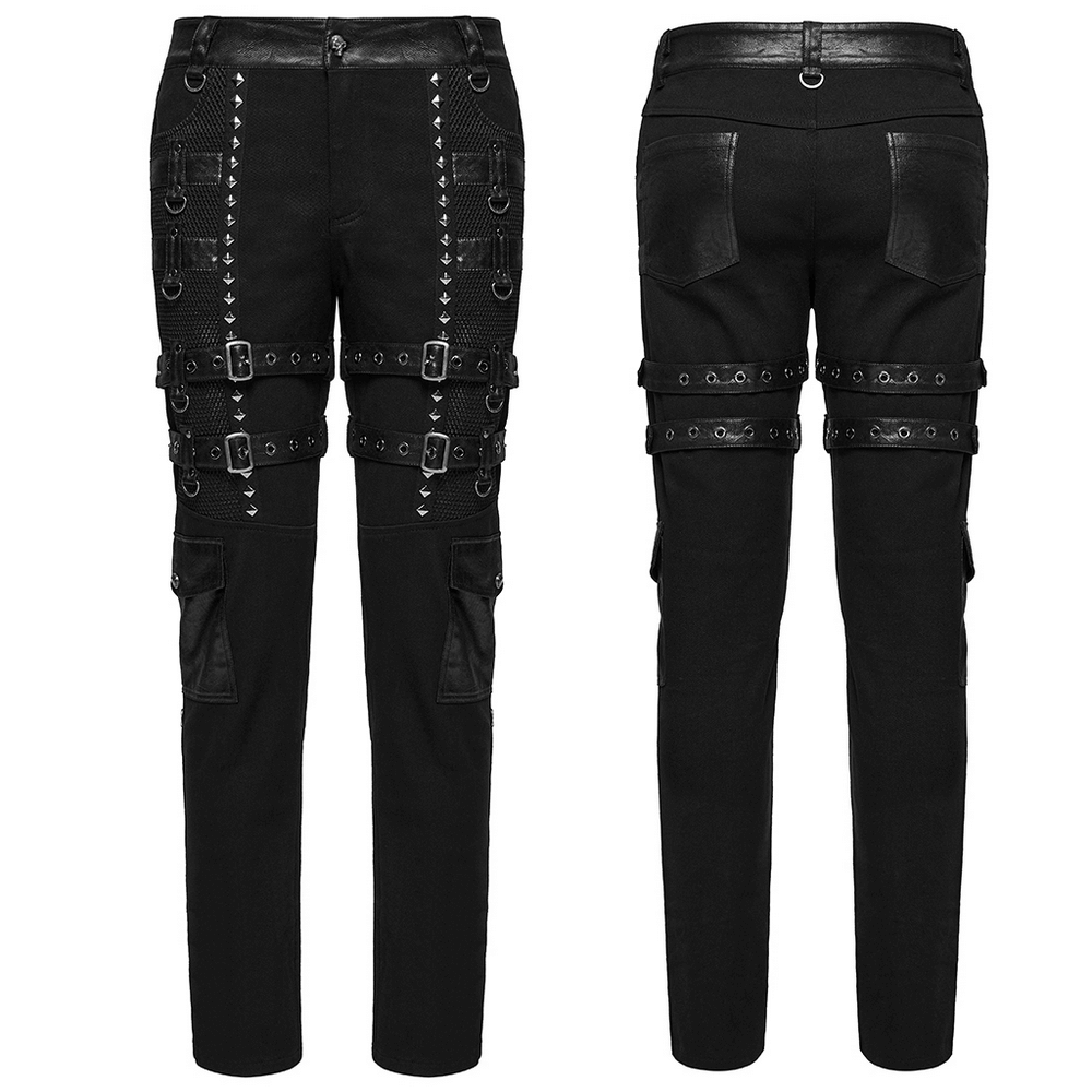 Metal Punk Stretch Pants with Studded Straps and Buckles