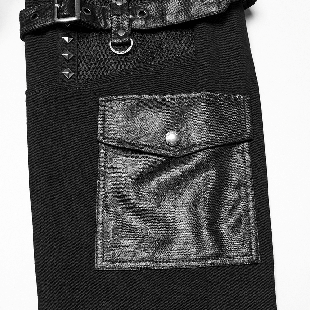 Metal Punk Stretch Pants with Studded Straps and Buckles