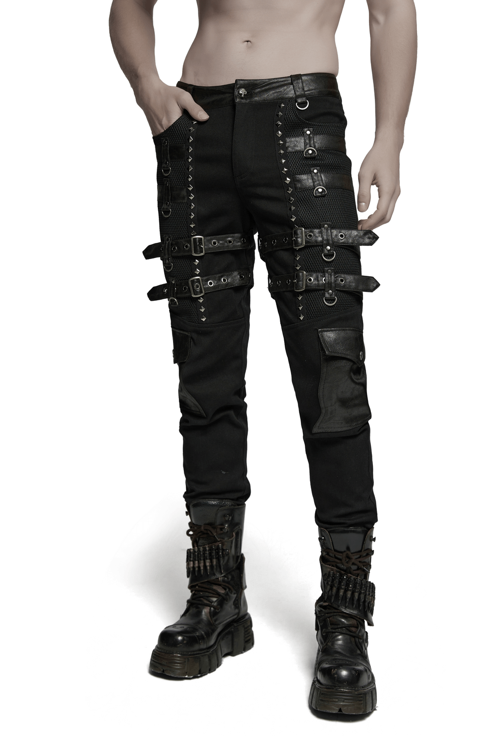 Metal Punk Stretch Pants with Studded Straps and Buckles