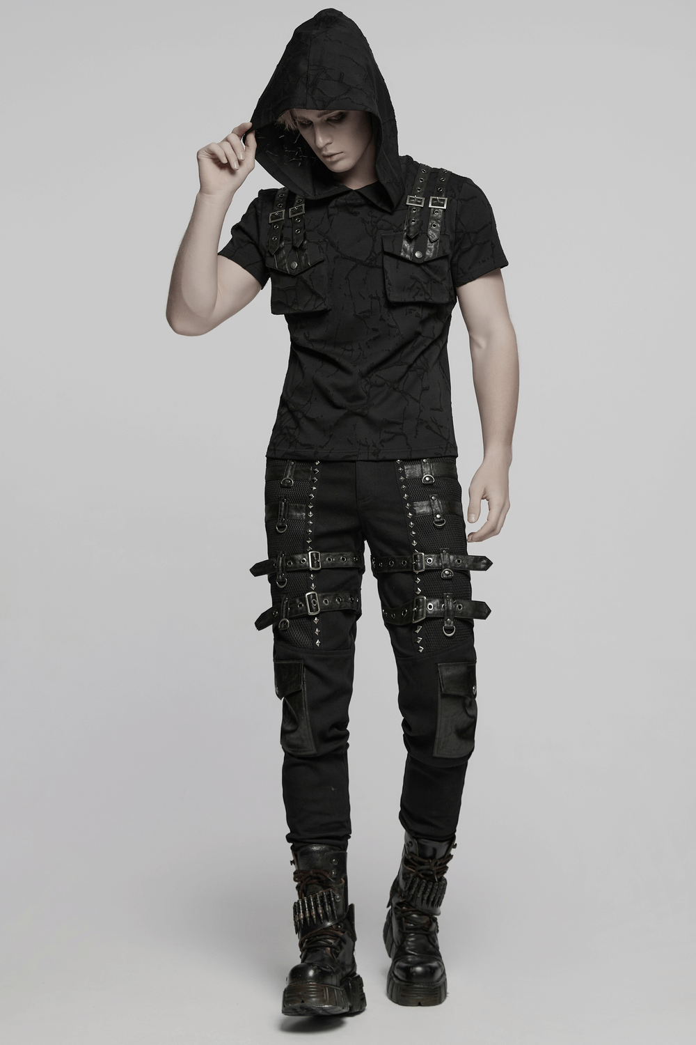 Metal Punk Stretch Pants with Studded Straps and Buckles