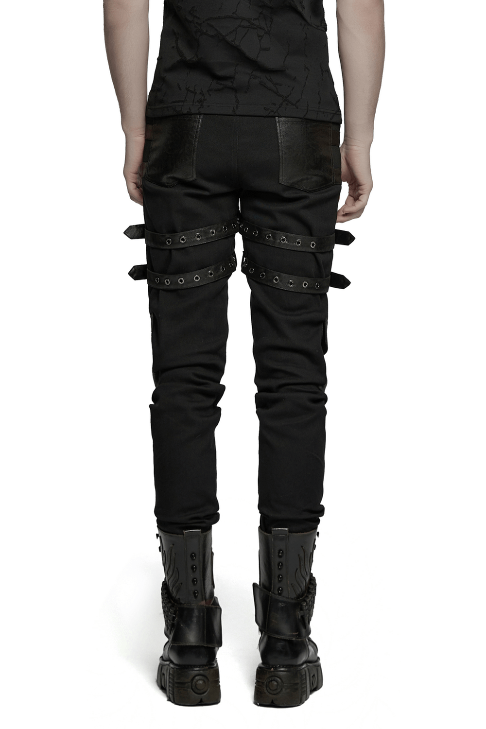 Metal Punk Stretch Pants with Studded Straps and Buckles