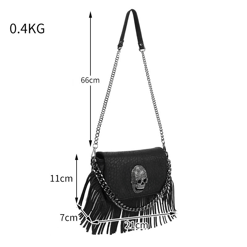Metal Skull Fringed Shoulder Bag for Women / Gothic Black Bag With Chain Decor