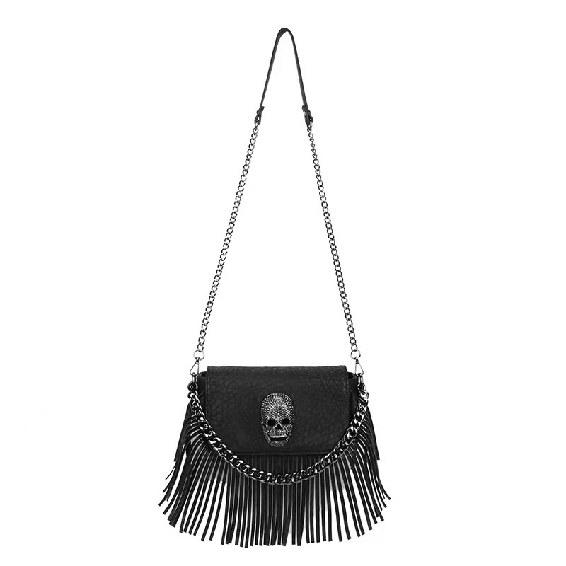 Metal Skull Fringed Shoulder Bag for Women / Gothic Black Bag With Chain Decor