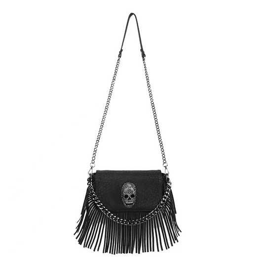 Metal Skull Fringed Shoulder Bag for Women / Gothic Black Bag With Chain Decor