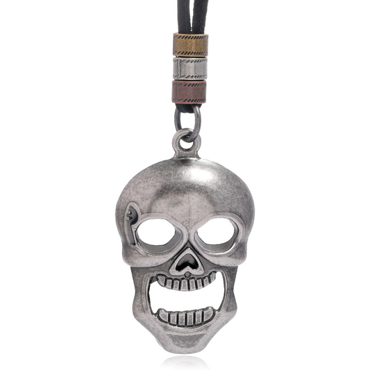 Metal Skull Pendant Necklace for Men and Women / Vintage Adjustable Genuine Leather Necklaces