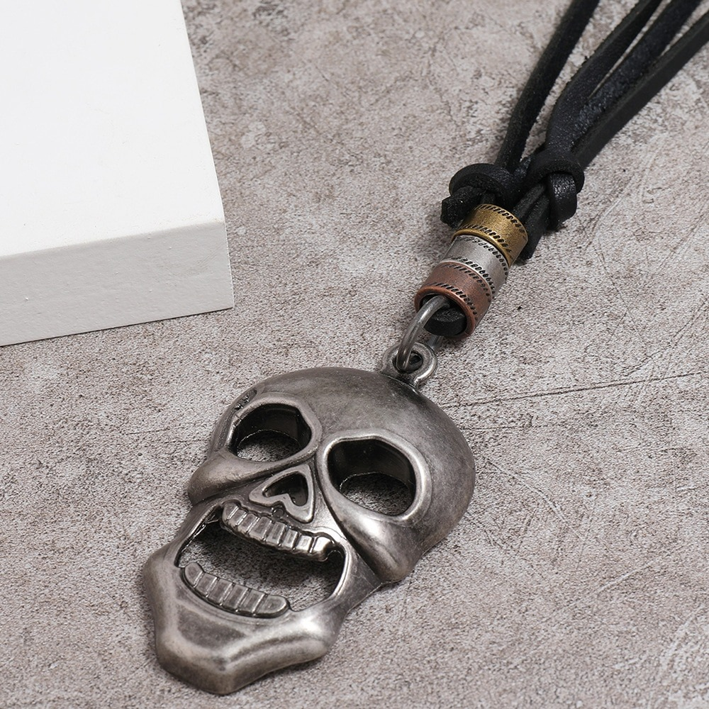 Metal Skull Pendant Necklace for Men and Women / Vintage Adjustable Genuine Leather Necklaces