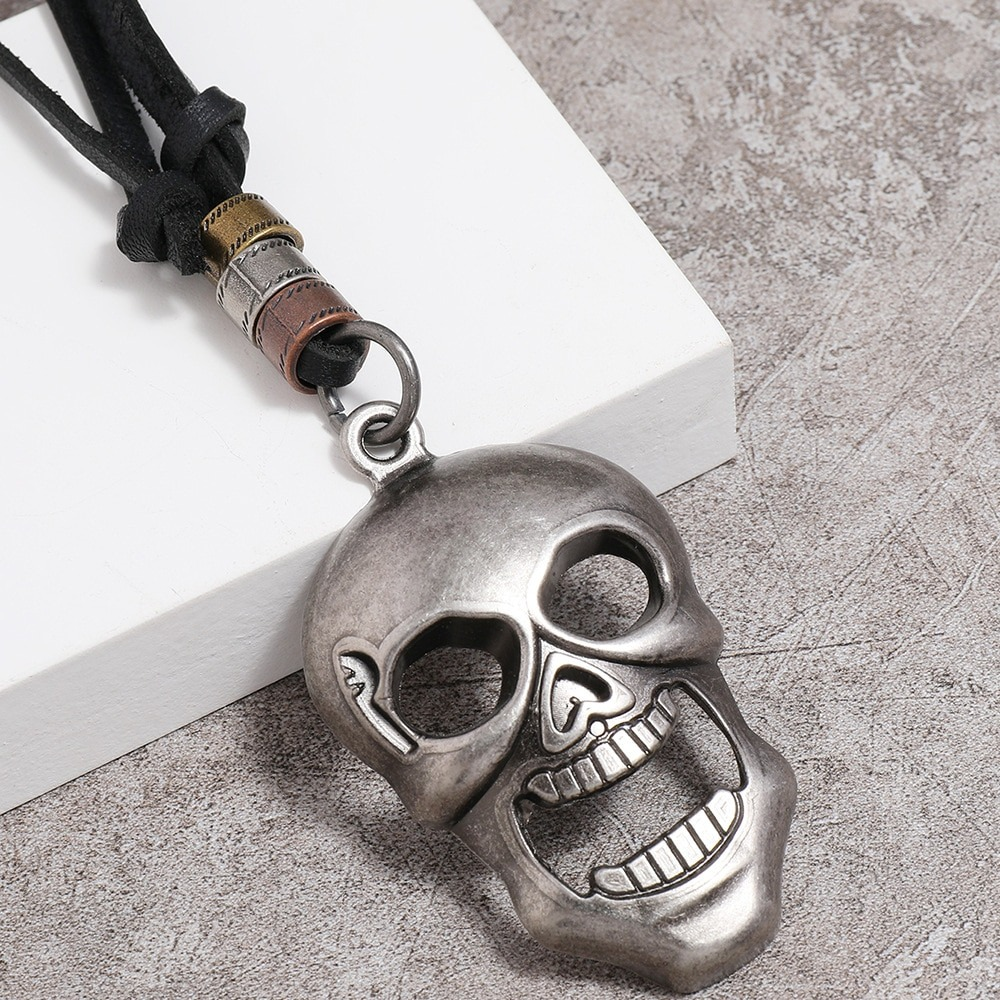 Metal Skull Pendant Necklace for Men and Women / Vintage Adjustable Genuine Leather Necklaces