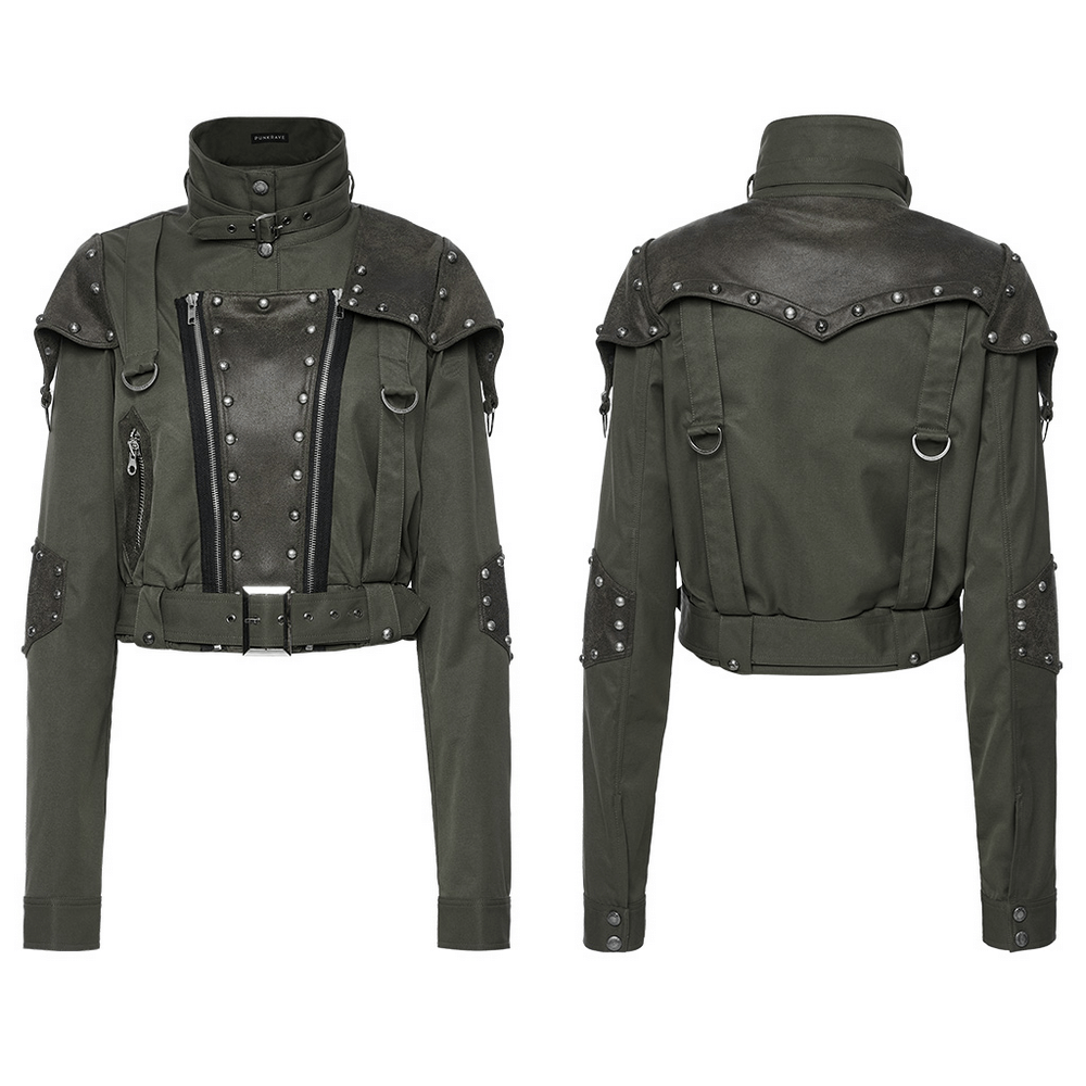 Military Style Short Jacket with Distressed Rivets