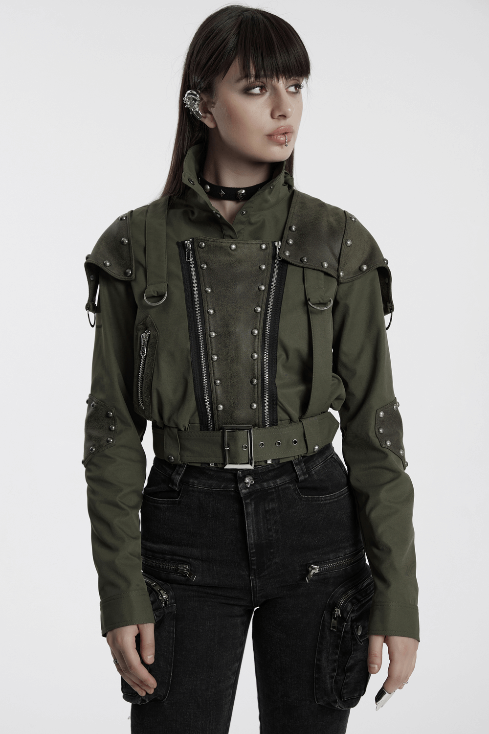 Military Style Short Jacket with Distressed Rivets
