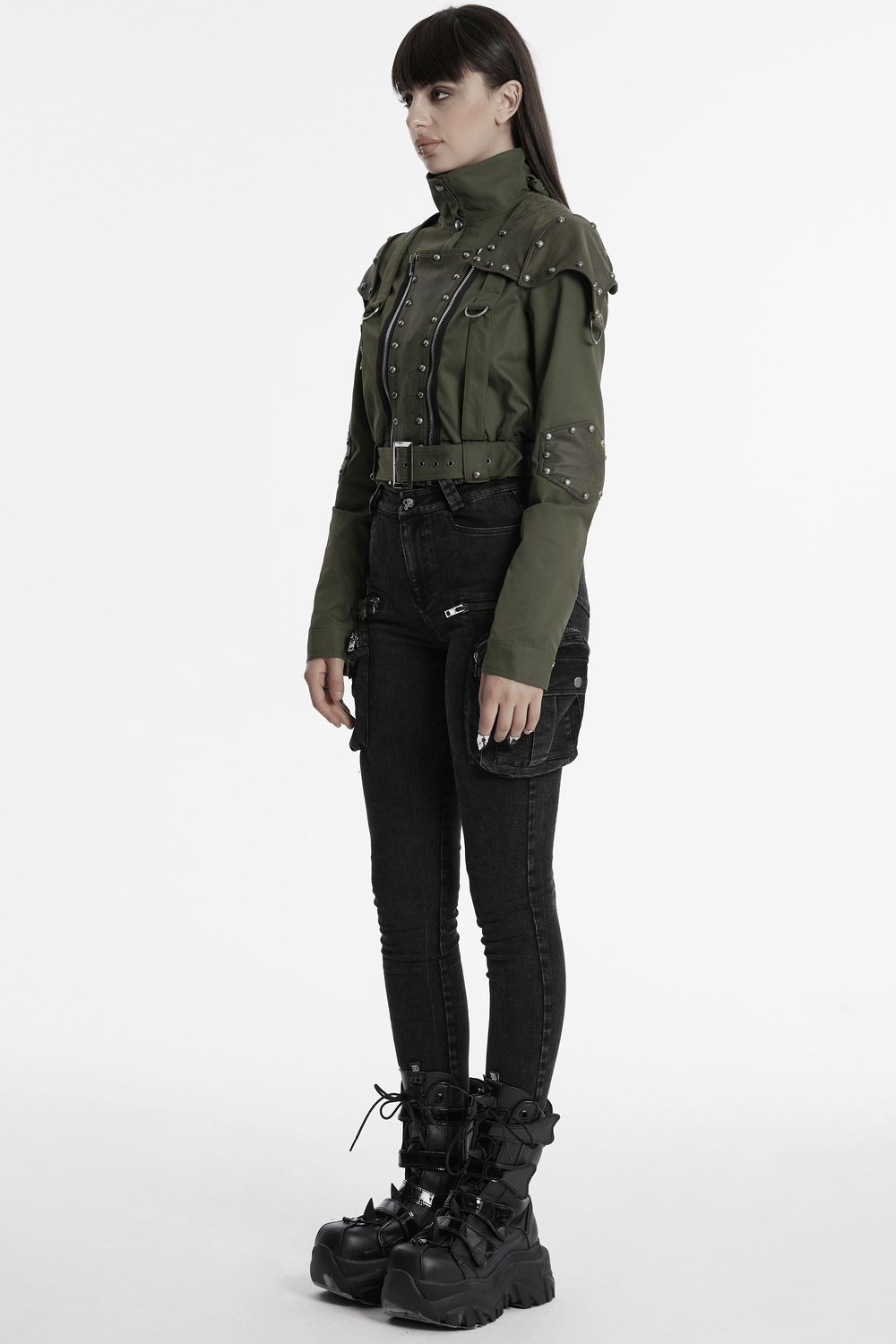 Military Style Short Jacket with Distressed Rivets