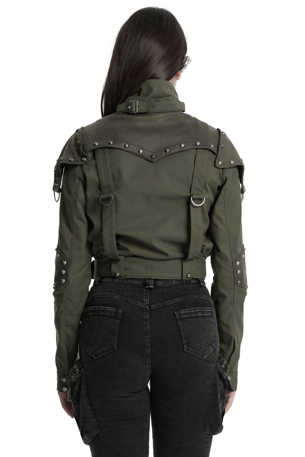 Military Style Short Jacket with Distressed Rivets