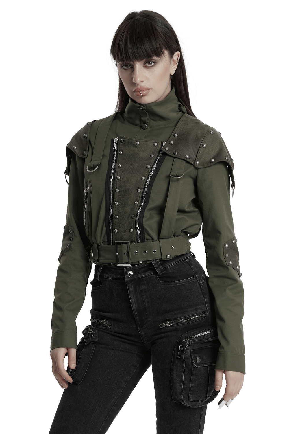 Military Style Short Jacket with Distressed Rivets