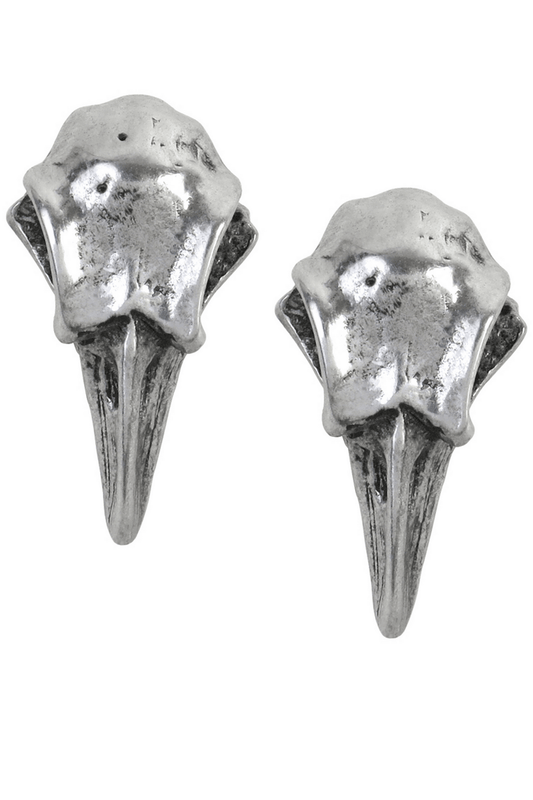 Miniature Pewter Raven Skull Earrings with Surgical Posts