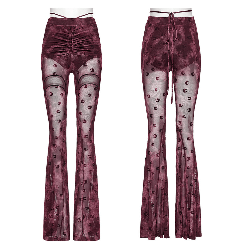 Moon Printed Mesh Flare Pants with Crescent Embroidery