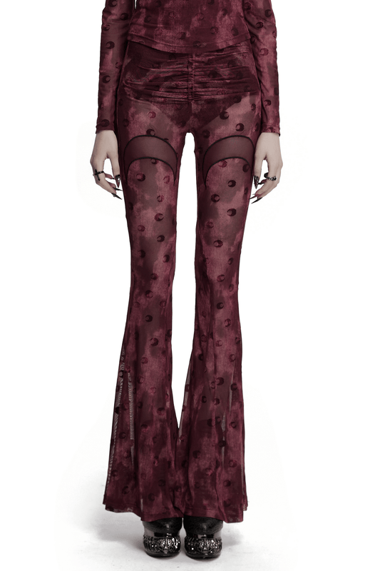 Moon Printed Mesh Flare Pants with Crescent Embroidery