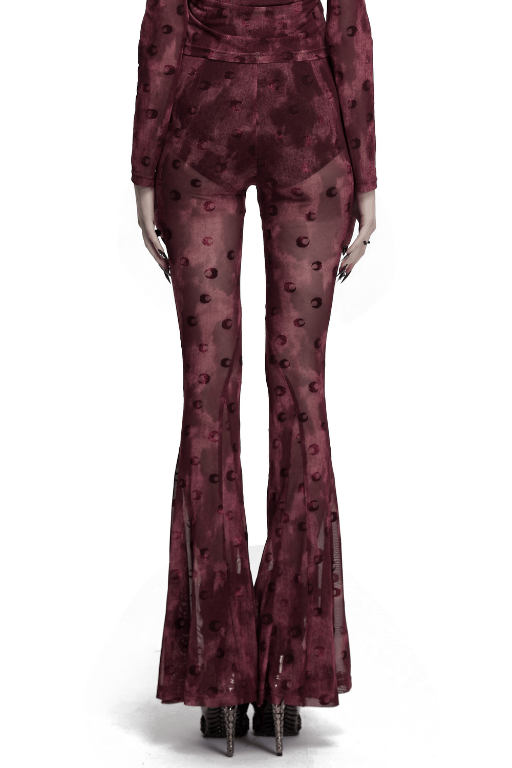 Moon Printed Mesh Flare Pants with Crescent Embroidery