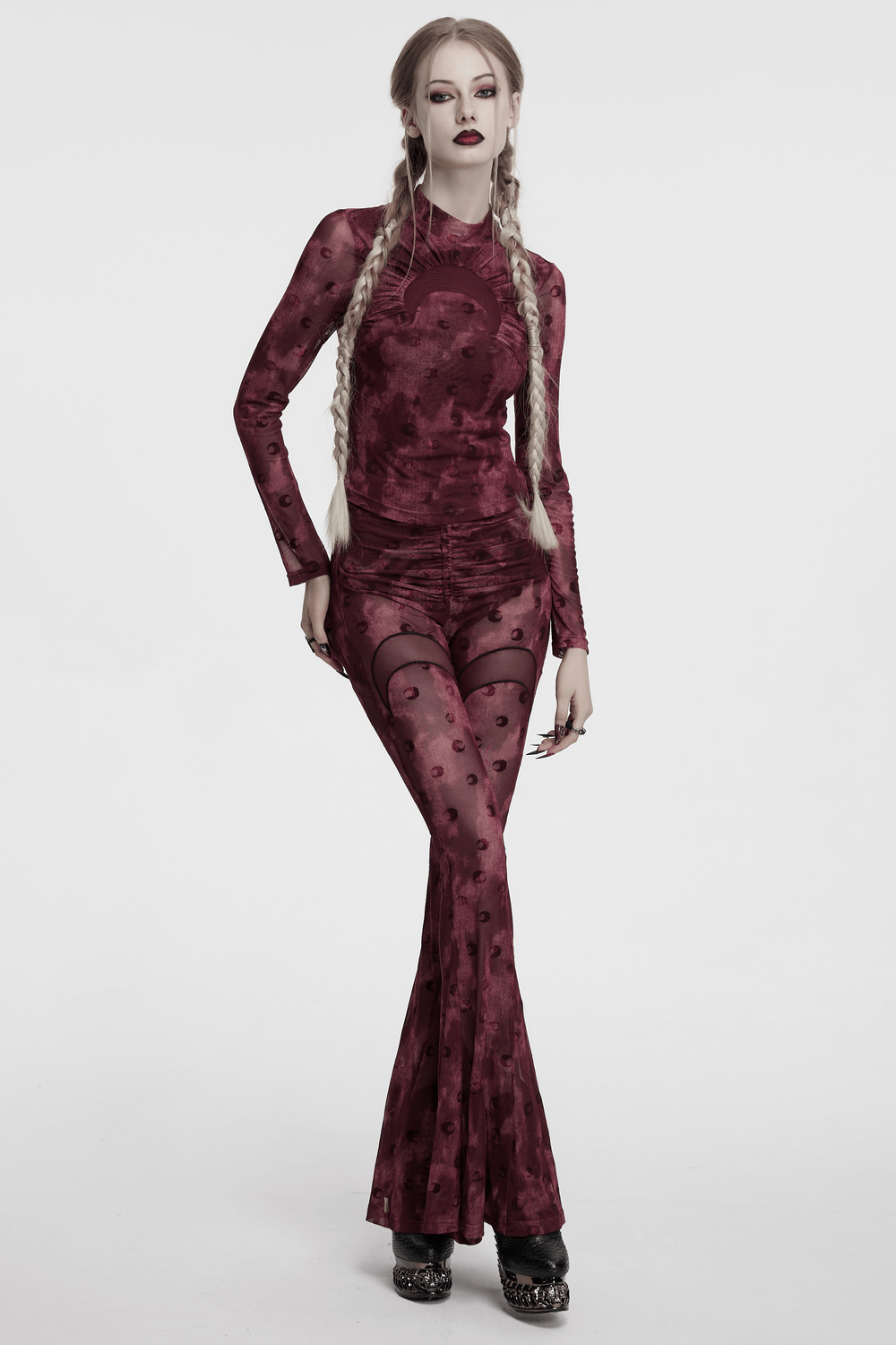 Moon Printed Mesh Flare Pants with Crescent Embroidery