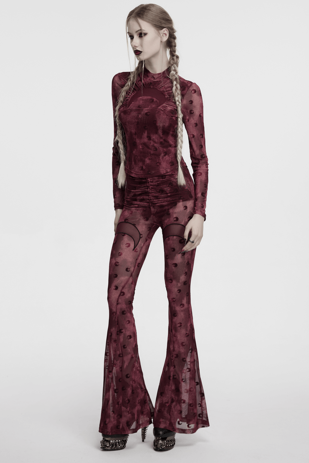 Moon Printed Mesh Flare Pants with Crescent Embroidery