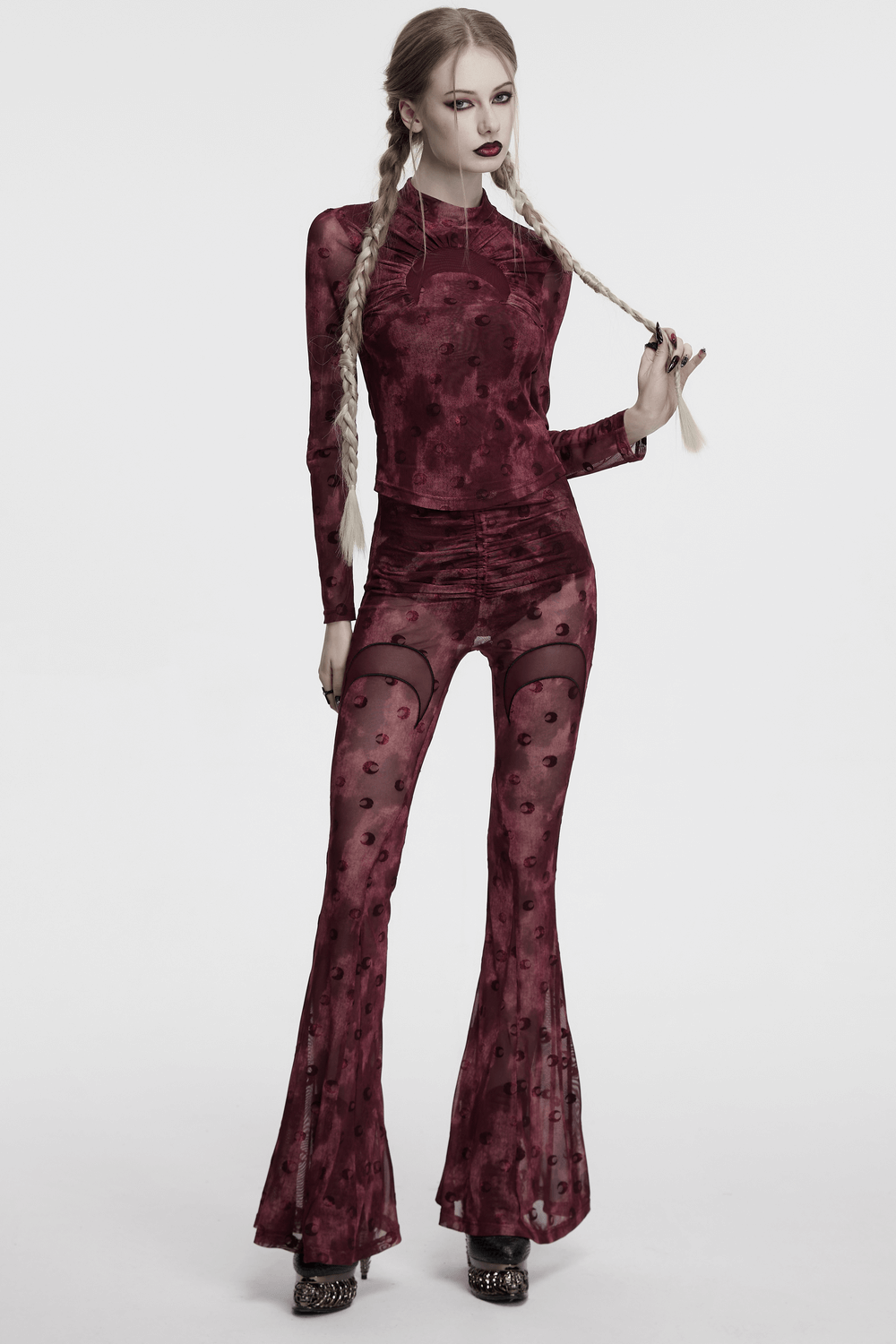 Moon Printed Mesh Flare Pants with Crescent Embroidery