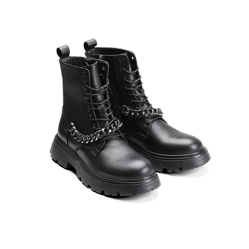 Mortocycle Boots with Metal Chain / Punk Men's Thick-soled Boots / Fashion Lace up Shoes