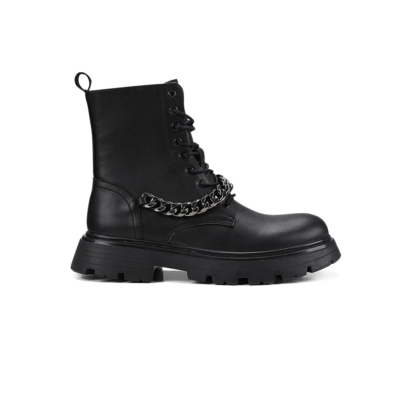 Mortocycle Boots with Metal Chain / Punk Men's Thick-soled Boots / Fashion Lace up Shoes