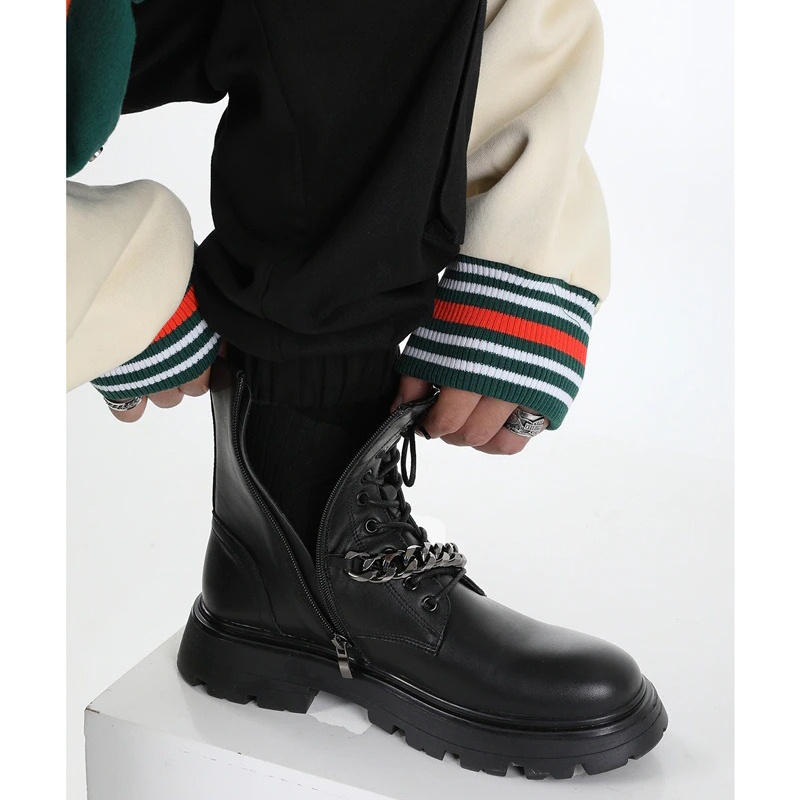 Mortocycle Boots with Metal Chain / Punk Men's Thick-soled Boots / Fashion Lace up Shoes