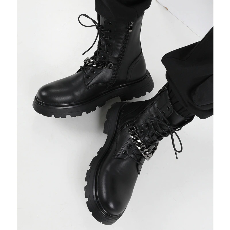 Mortocycle Boots with Metal Chain / Punk Men's Thick-soled Boots / Fashion Lace up Shoes