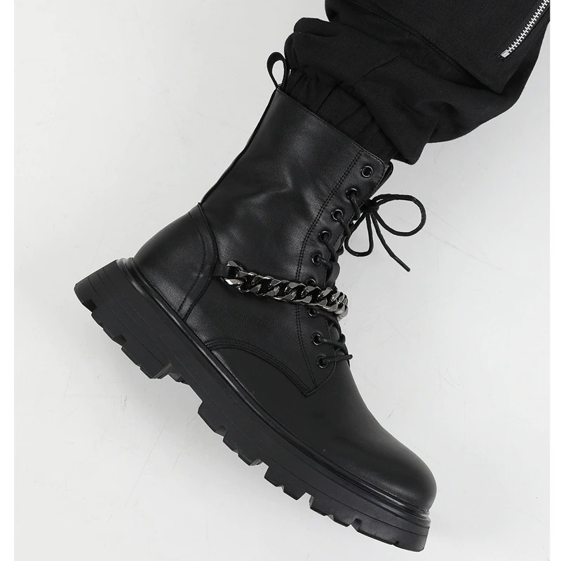 Mortocycle Boots with Metal Chain / Punk Men's Thick-soled Boots / Fashion Lace up Shoes