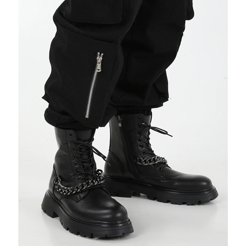 Mortocycle Boots with Metal Chain / Punk Men's Thick-soled Boots / Fashion Lace up Shoes